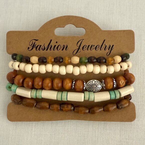 Set Of 5 Wooden Beaded Stretch Bracelets Mixed Natural Colors Bohemian Jewelry - Picture 1 of 8